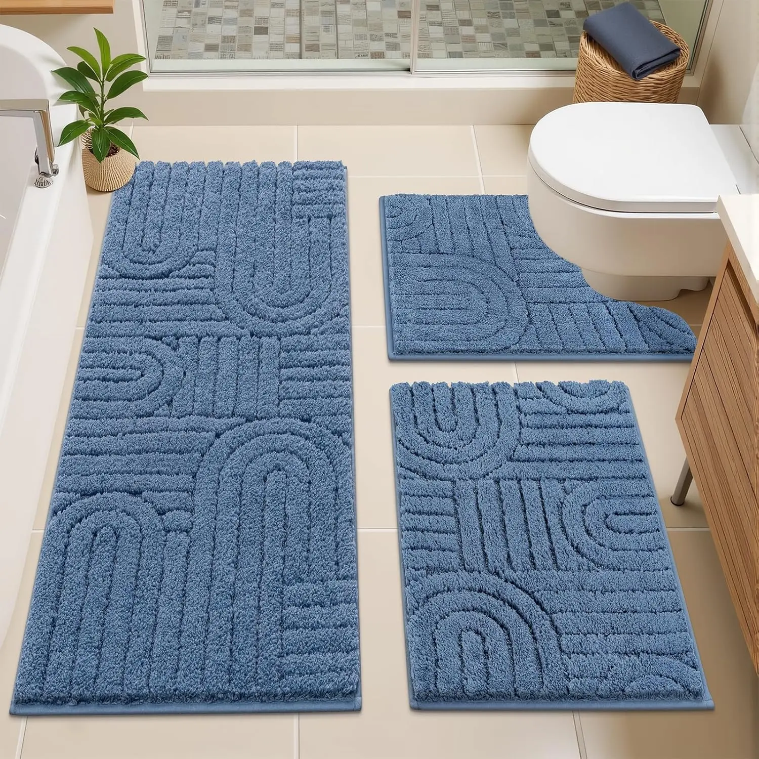 Rugs Sets 3 Piece, Blue Washable Non Slip Soft Bath Mats for Shower and Tub, Plush Absorbent Microfiber Rug U, 48x20+26x18+24x20 Inch.