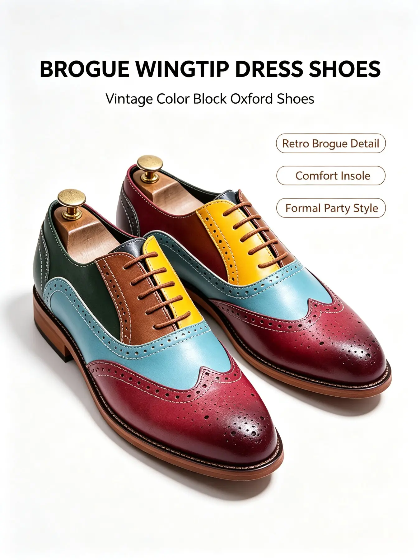 Men's Multicolor Patchwork Brogue Oxford Shoes, British Floral Lace-Up Formal Shoes, Trendy Party Streetwear Low Heel Anti-Slip Breathable Business Casual Shoes Footwear