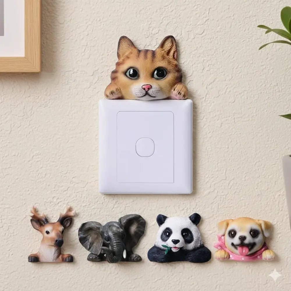 Removable 3D Animal Wall Decals: Creative Panda, Puppy, Reindeer Stickers, DIY Cute Cartoon Outlet Cover, Ins-style 3D Resin Switch Decals for Kids Room, Bedroom, Living Room Home Decor.