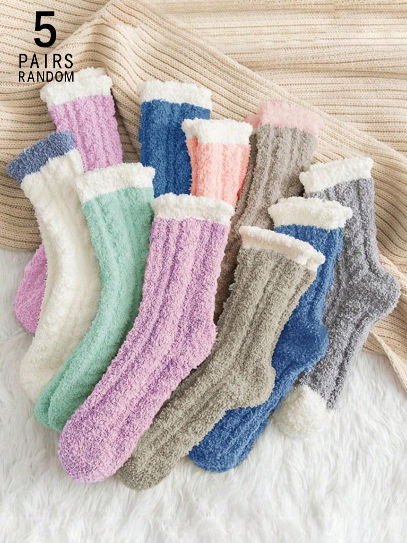 Women's Colorblock Fuzzy Fitted Crew Socks, Soft Comfy Warm Elegance Chic Mid-calf Socks for Fall & Winter, Polyester Women's Socks for Daily Wear, Cold Weather Gear Womenswear Lady