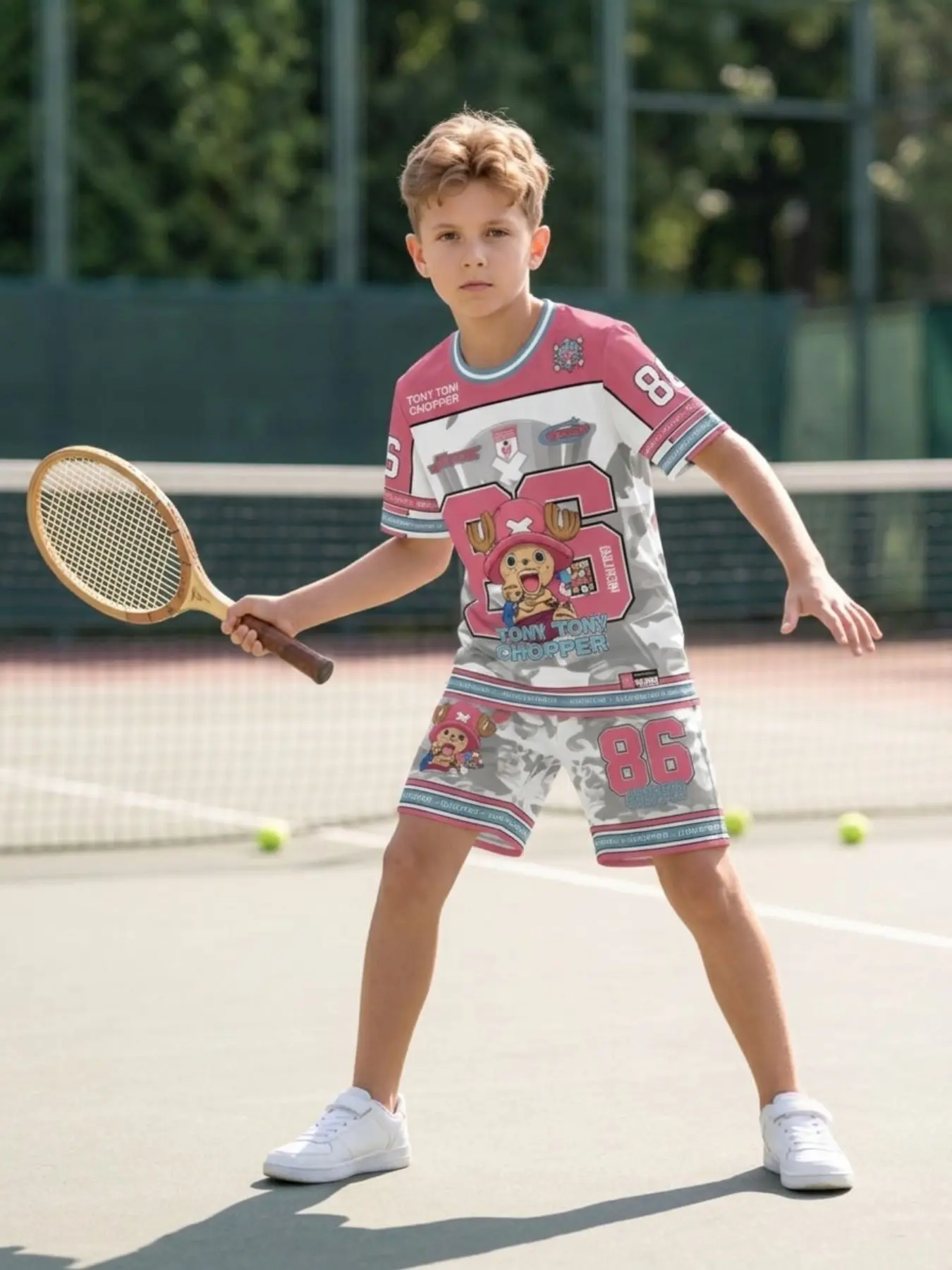 Authentic Licensed One Piece Boys 2Pcs Tracksuit Tony Tony Chopper Camo Number 86 All Over Print Jersey Tee & Shorts Lightweight Breathable Anime Set For Boys 4-13 Back To School Campus Camping Summer Daily Outfit