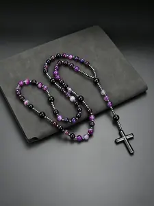 1pc Natural Stone Purple and Green Agate Bead Cross Pendant Necklace, Retro Long Rosary Chain, Religious Prayer Jewelry Gift