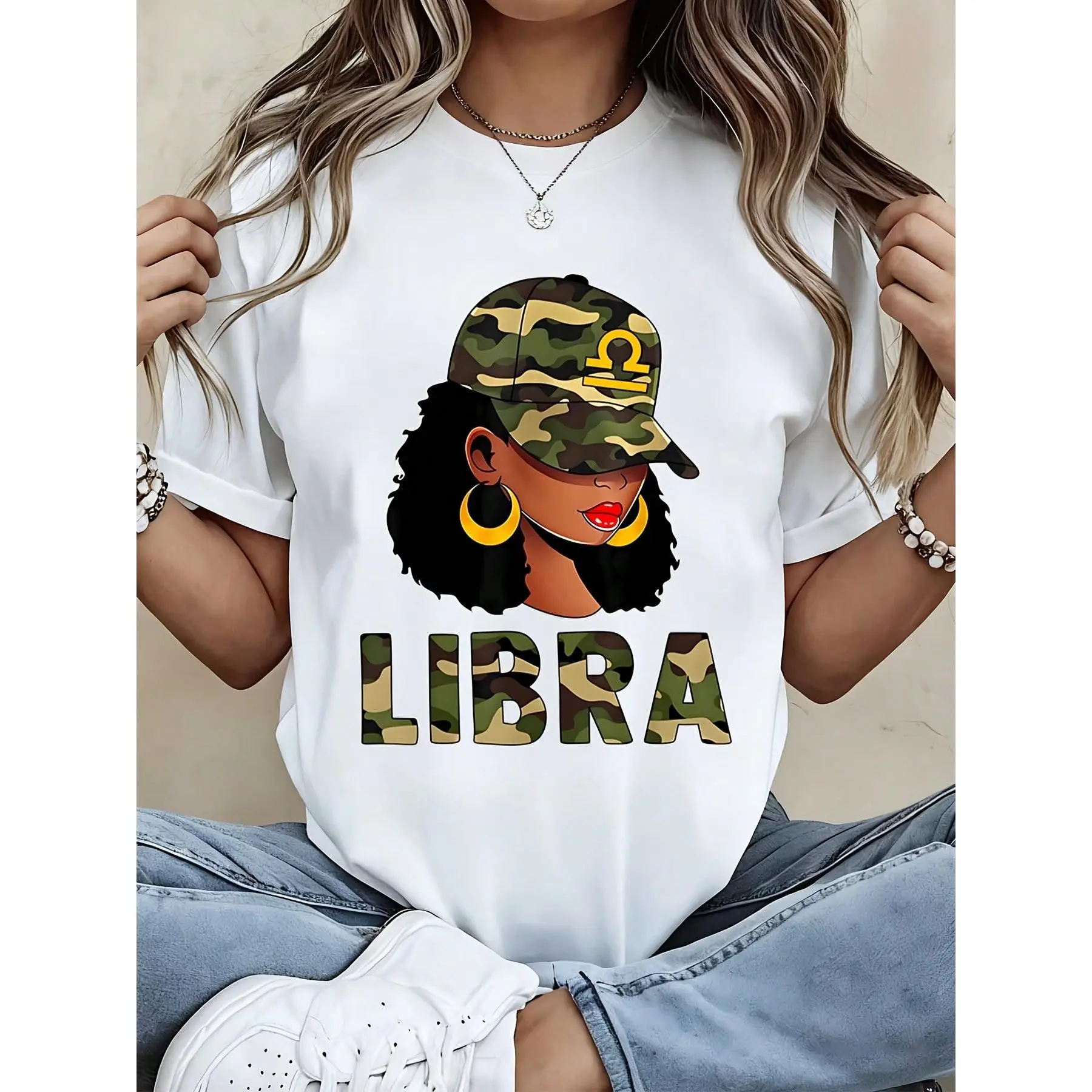 Women's Fashionable T-Shirt Libra Zodiac Sign Camouflage Hat And Hoop Earrings Graphic Print Casual Wear For Everyday Outfits And Zodiac Lovers