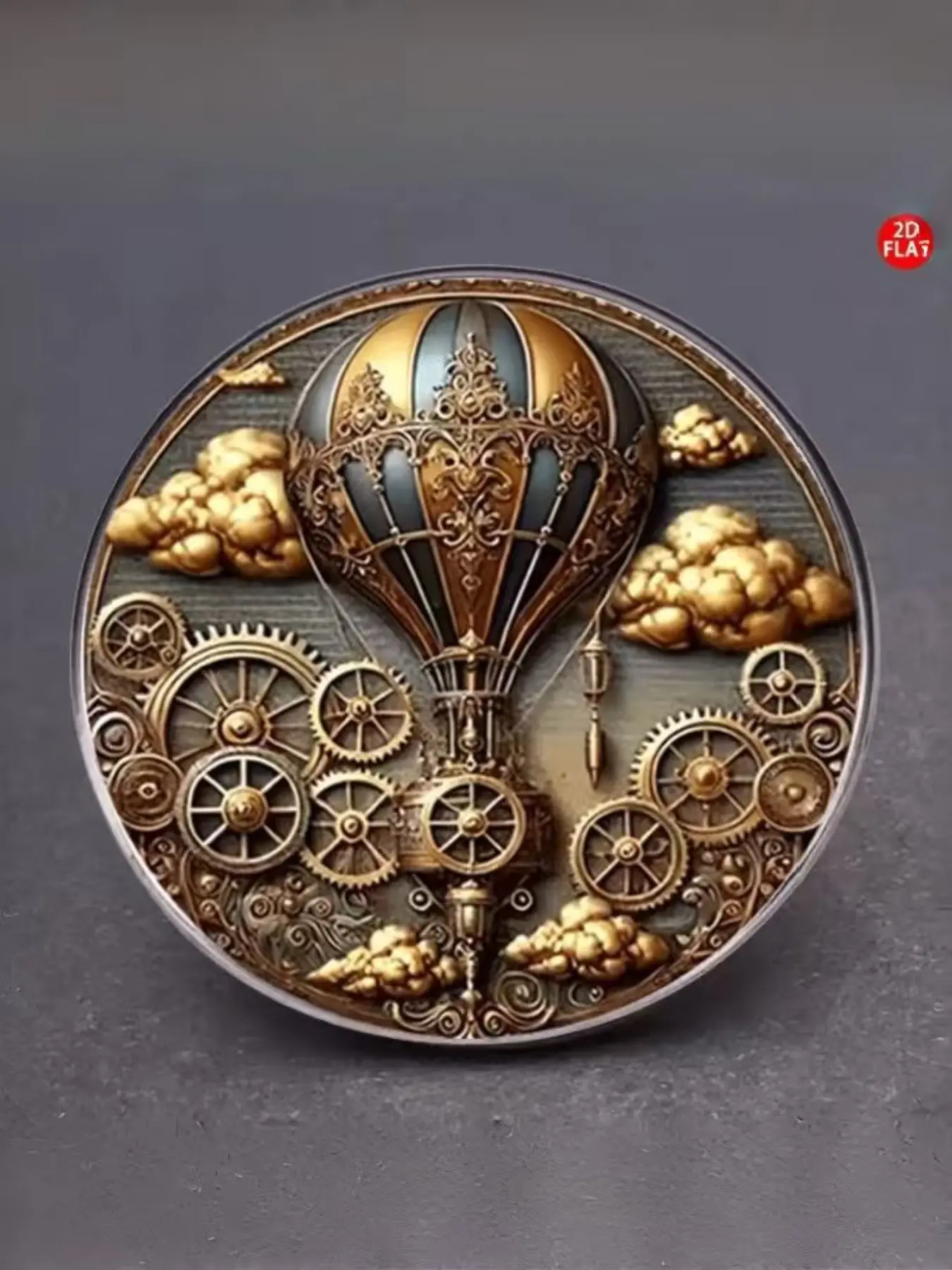 2D flat.Steam Punk Balloon Pin with Gears and Chainwheel Decor, Victorian Industrial Style Alloy, Unisex Accessory for Clothing, Jackets, Hats, Backpacks