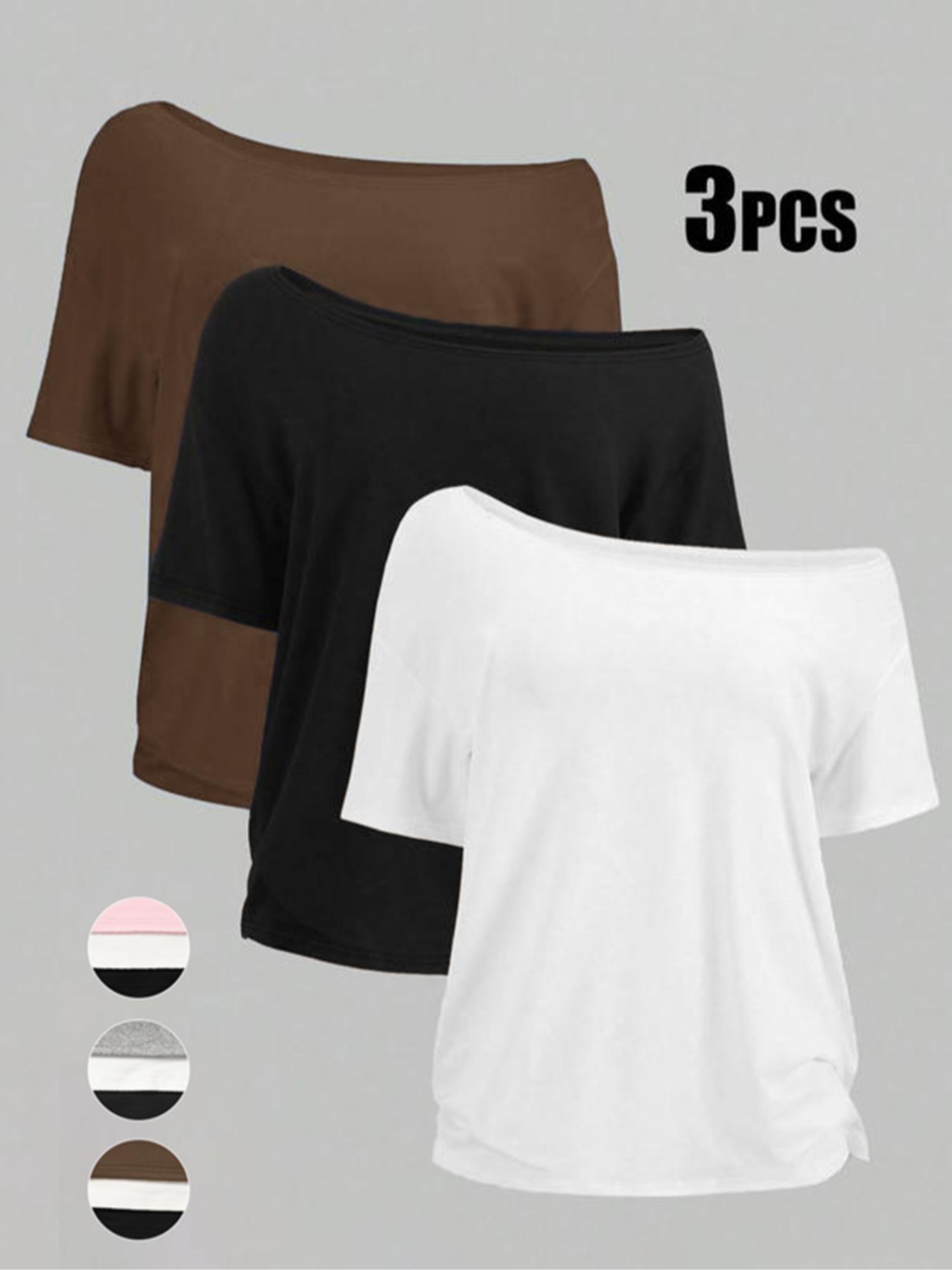 Women's Off-Shoulder Loose Casual Short Sleeve Knit T-Shirt Set of 3, Comfortable Summer Tops for Daily Wear, Stylish and Versatile