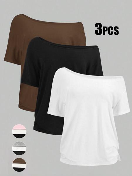 Women's Off-Shoulder Loose Casual Short Sleeve T-Shirt Set of 3, Comfortable Summer Tops for Daily Wear, Stylish and Versatile