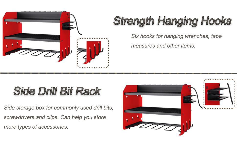 Power Tool Organizer Wall Mount with Charging Station 3 Layer Heavy Duty Metal Tool Storage Rack with 4 Cordless Drill Holder Utility Rack with 8 Power Strip