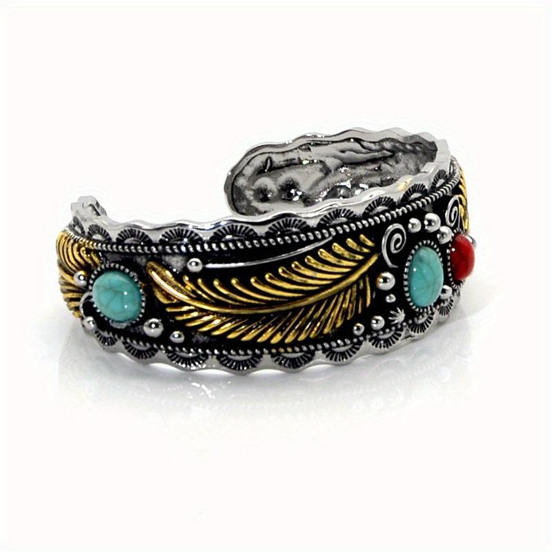 Vintage Geometric Carved Cuffs, Bracelets, And Iron Accessories With Imitation Turquoise Inlaid Bohemian Style Christmas. Alloy
