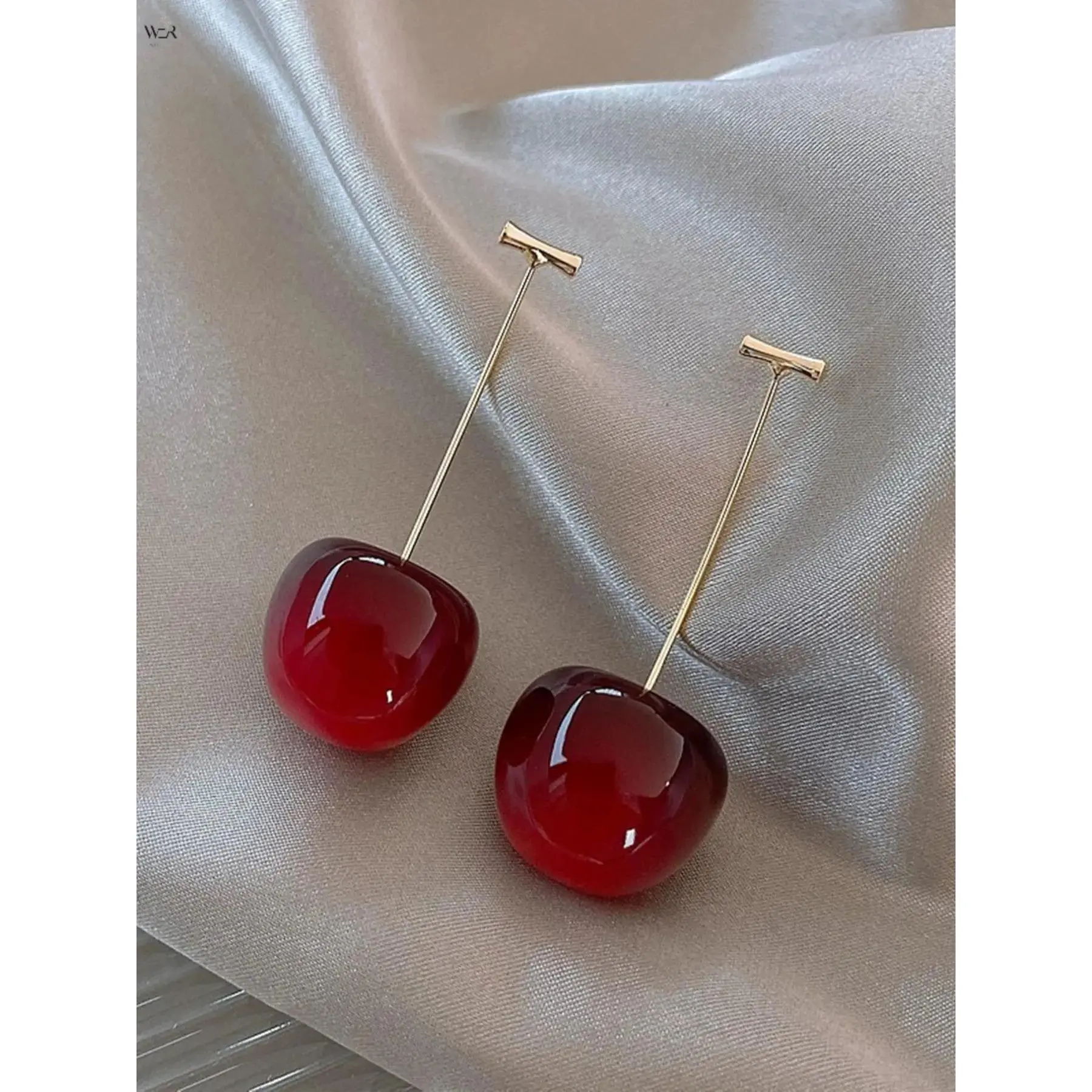 Threader Earrings with Glossy Red Cherry Charm, Minimalist Gold-Tone Long Drop Dangles for Women, Lightweight T-Bar Jewelry for Daily Wear, Daily Casual