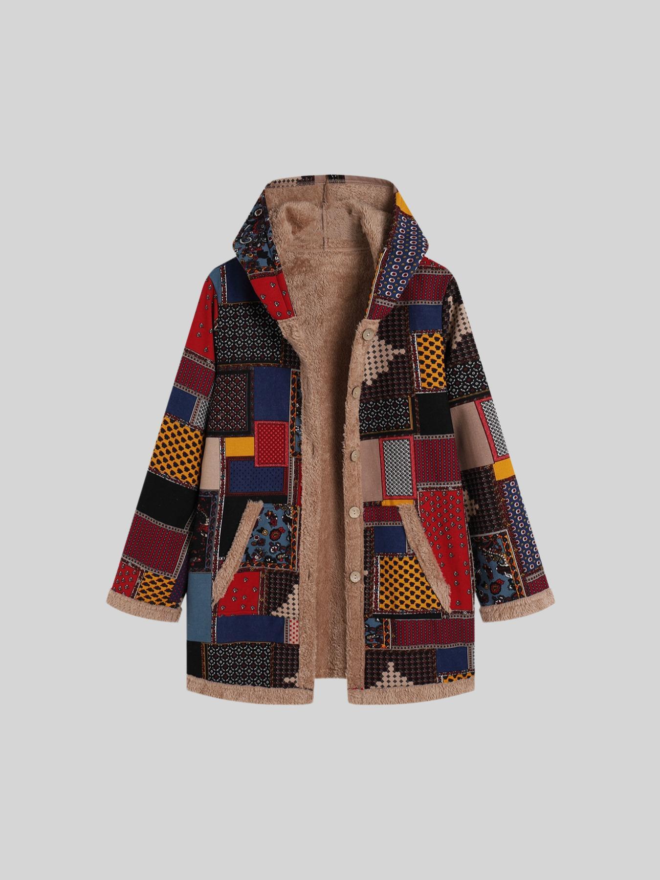 Women's Patchwork Ethnic Pattern Button Front Hooded Coat, Casual Long Sleeve Pocket Outerwear for Fall & Winter, Coats for Women, Ladies Clothes for Daily Wear