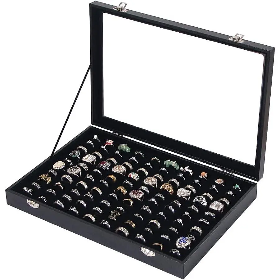 Ring Holder Organizer Box, Jewelry Display Case, Earring Necklace Storage Tray With Top Glass Lid (Black, 100 Slots)