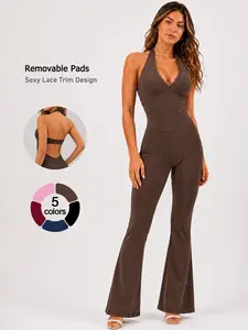 Women’s One Piece Yoga Outfit Sexy Hot Girl Lace Backless with Removable Pads Four Way Stretch Buttery Soft Comfortable Breathable Butt Lifting Tummy Control Halter Neck Cami Workout Jumpsuit for Gym Pilates Running Outdoor Cycling Fitness Bodysuit