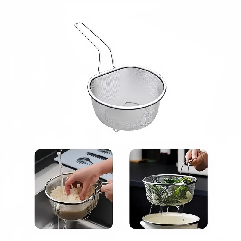 Sturdy Stainless Steel Standing Mesh Strainer Basket with Handle, Fine Mesh Deep Colander Food Sieve, Multipurpose Kitchen Utensil for Noodles Fruits Frying Hot Pot & More