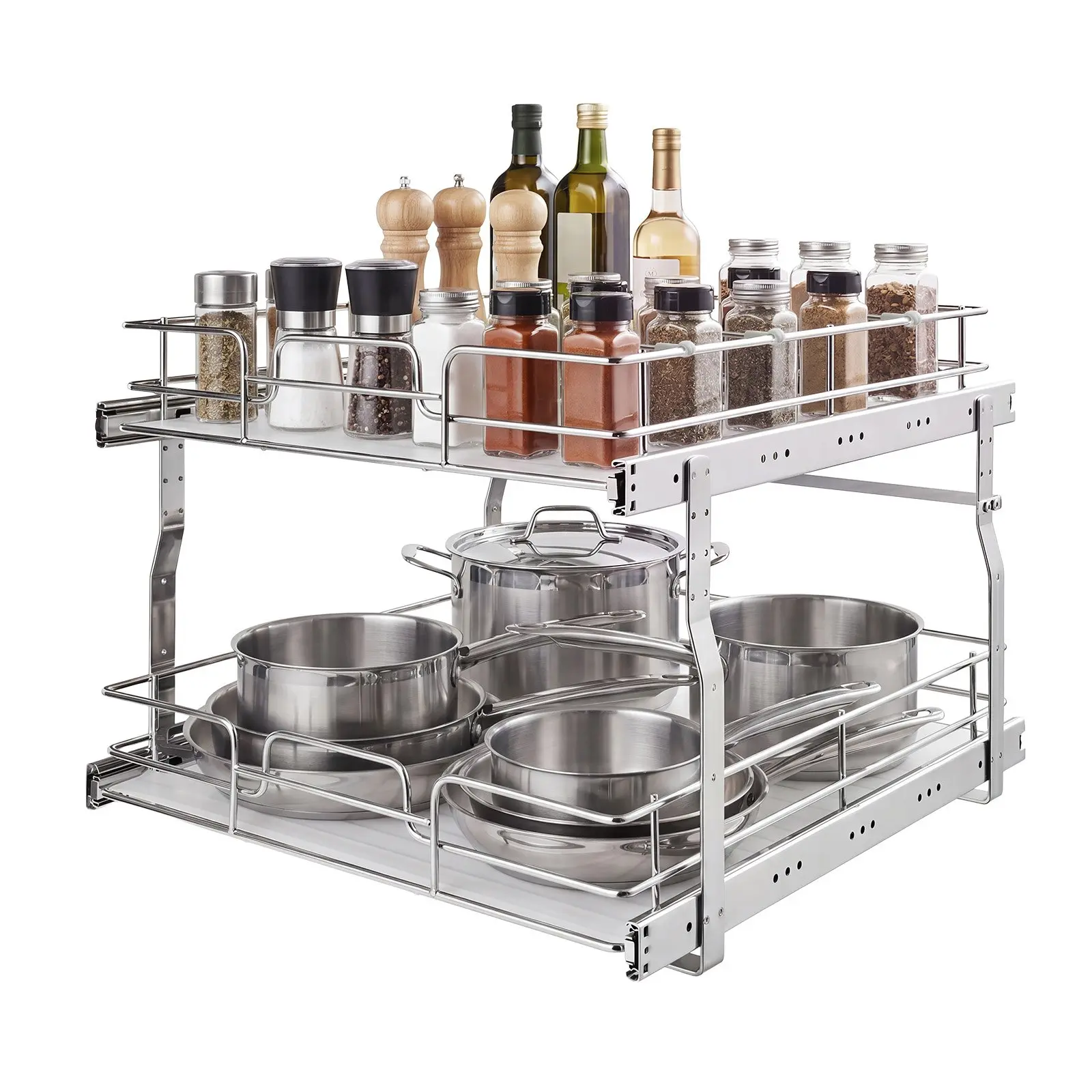 VEVOR Pull Out Cabinet Organizer Racks, Steel Slide-Out Drawer with Chrome Finish, 1-2 Tiers, 5 Sizes for Kitchen & Bathroom