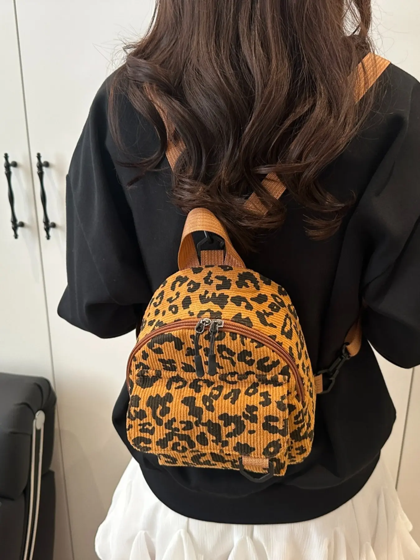 American Retro Leopard Print Soft Chenille Mini Backpack, Trendy Student Bag for School, Shopping, Halloween, Fall Outing