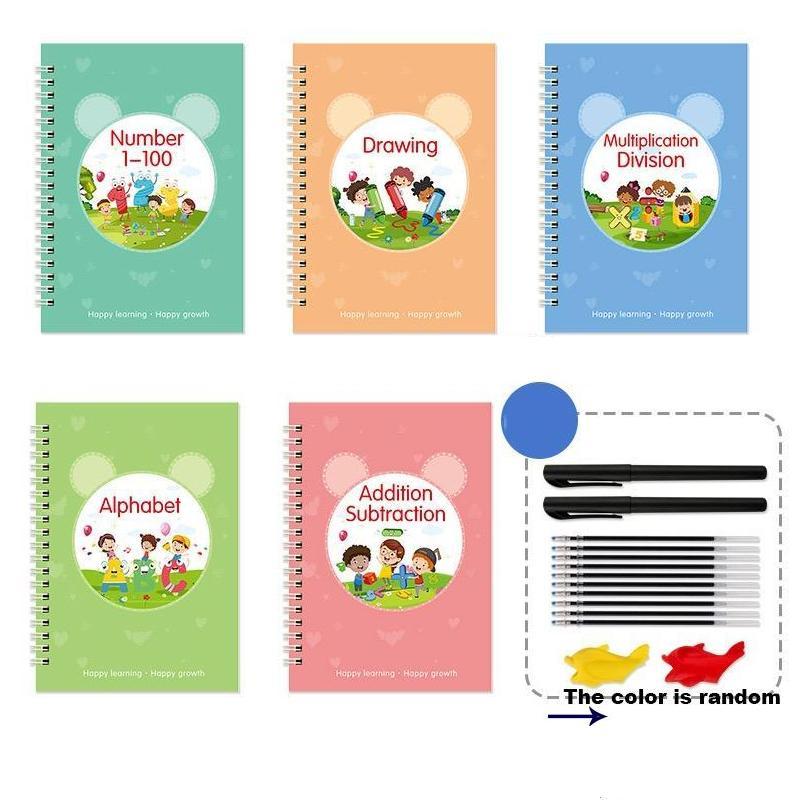 Reusable Magic Writing Practice Copybook Set, 5pcs Handwriting Practice Book with 10 Pen Refill & 2 Pen, Educational Material Suitable for Kindergarten School Supplies Gift