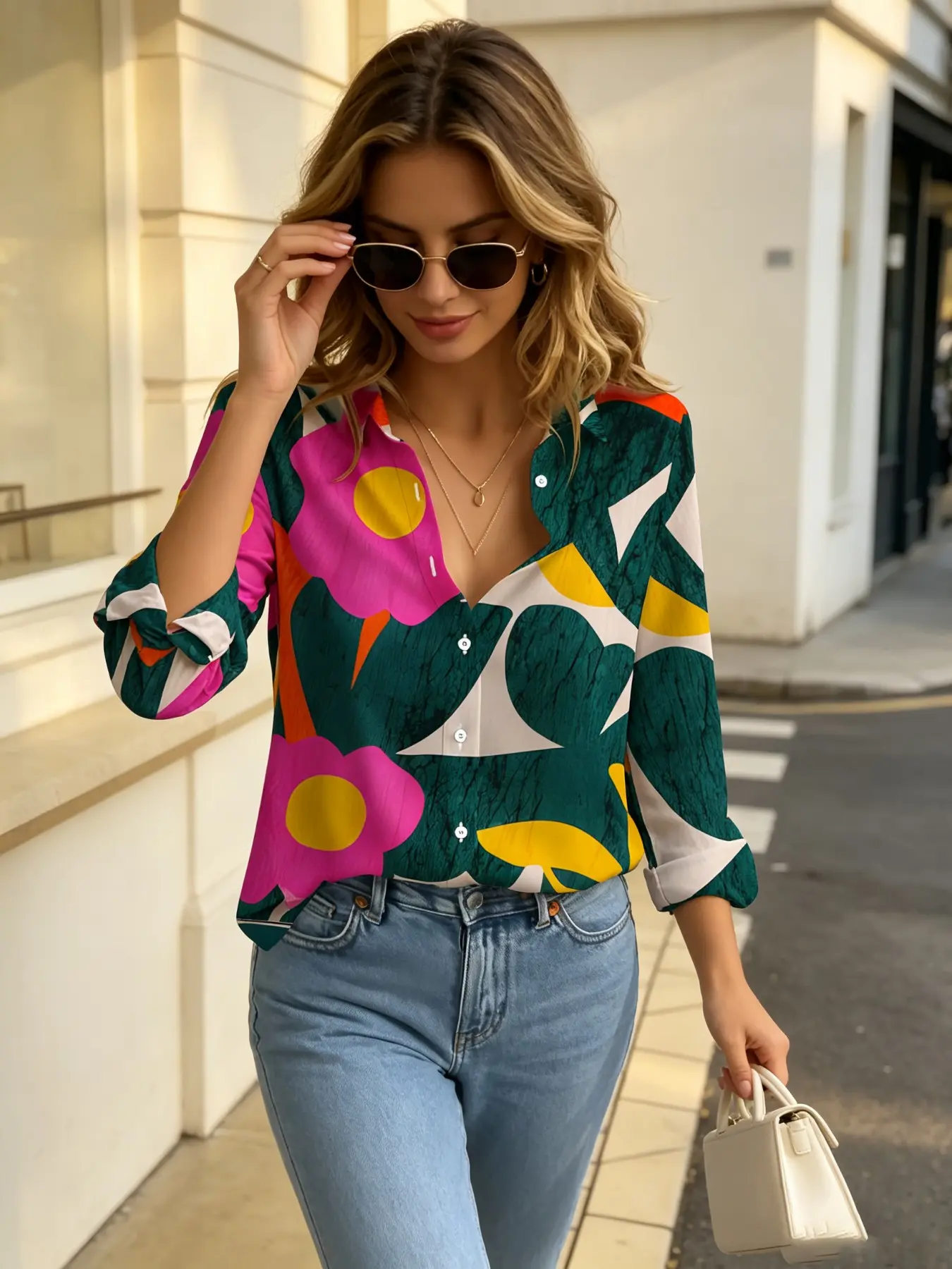 New Women's Ink Abstract Geometric Floral Blouse, Dopamine Art Color Block Collar, Long Sleeve Shirt