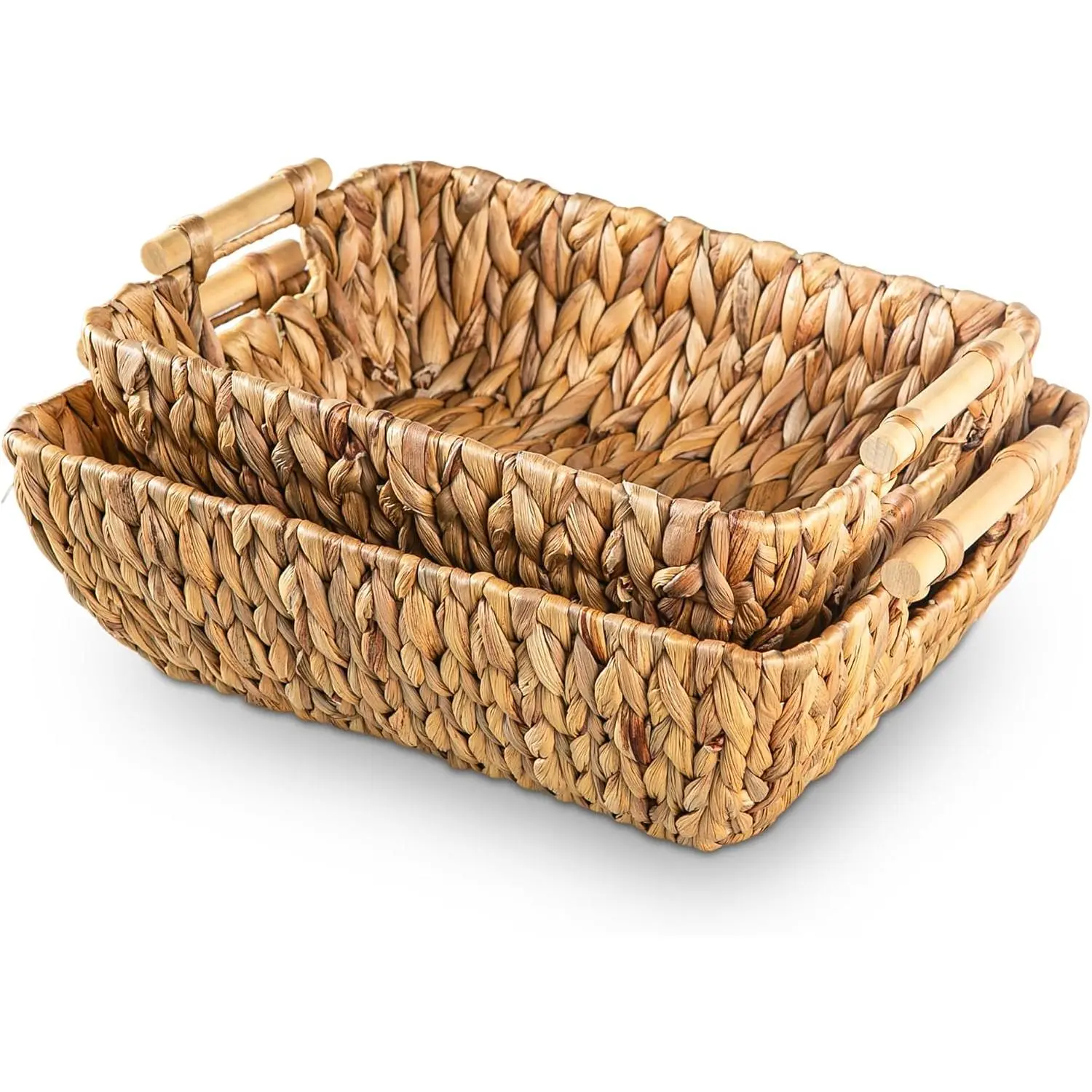 Woven Storage Baskets – Set of 2 Handwoven Water Hyacinth Wicker Baskets with Wooden Handles for Organizing, Decorative Baskets for Laundry Room,  Decor - Large & Medium
