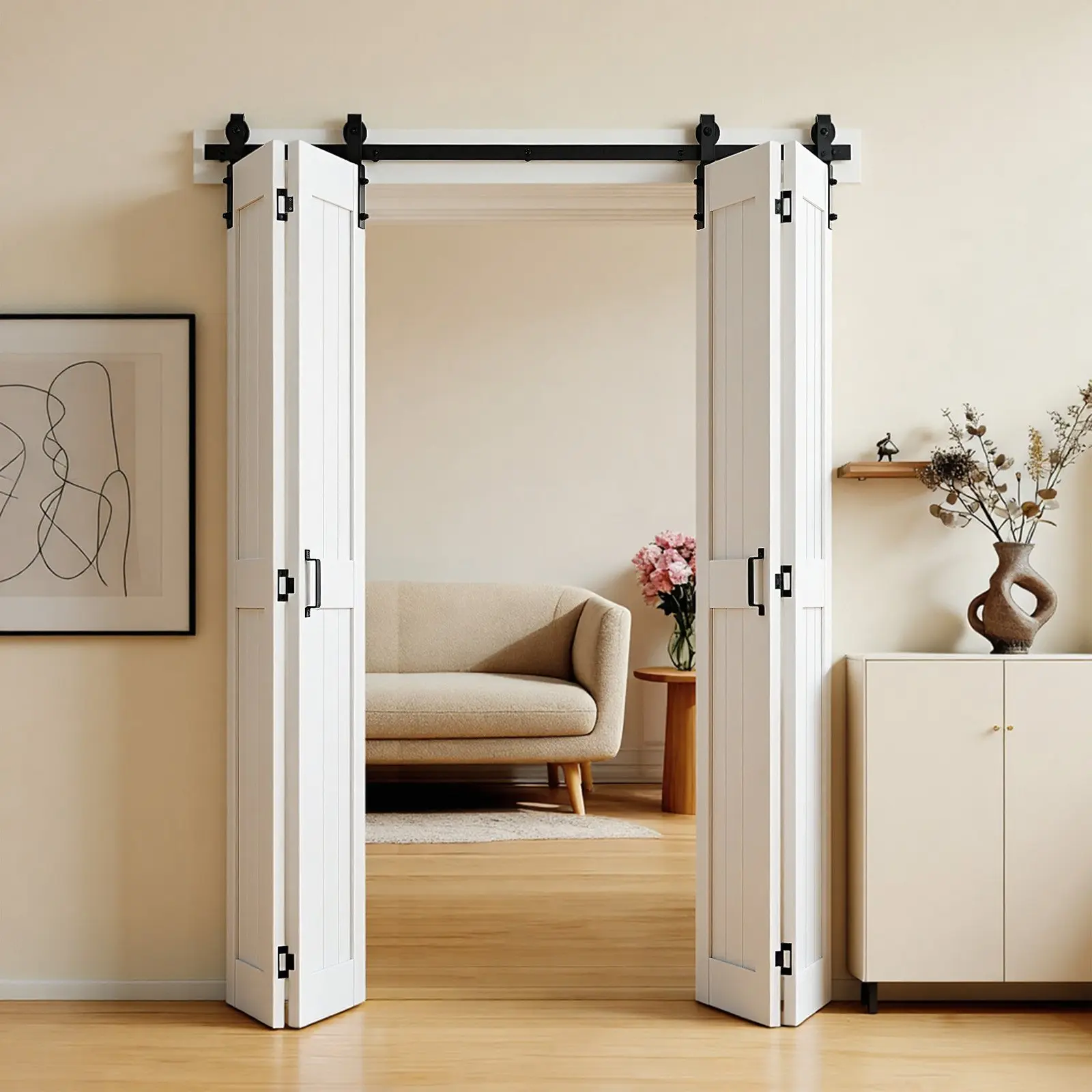 【DealsForYouDays】VEVOR 72x84 in Bi-Fold Barn Door, MDF Panels with Waterproof PVC, H-Frame Space-Saving Design, Pre-Assembled, Hardware Kit Included, for Bedroom, Wardrobe, Room Divider (Tools & Hardware), Bi-Fold Door