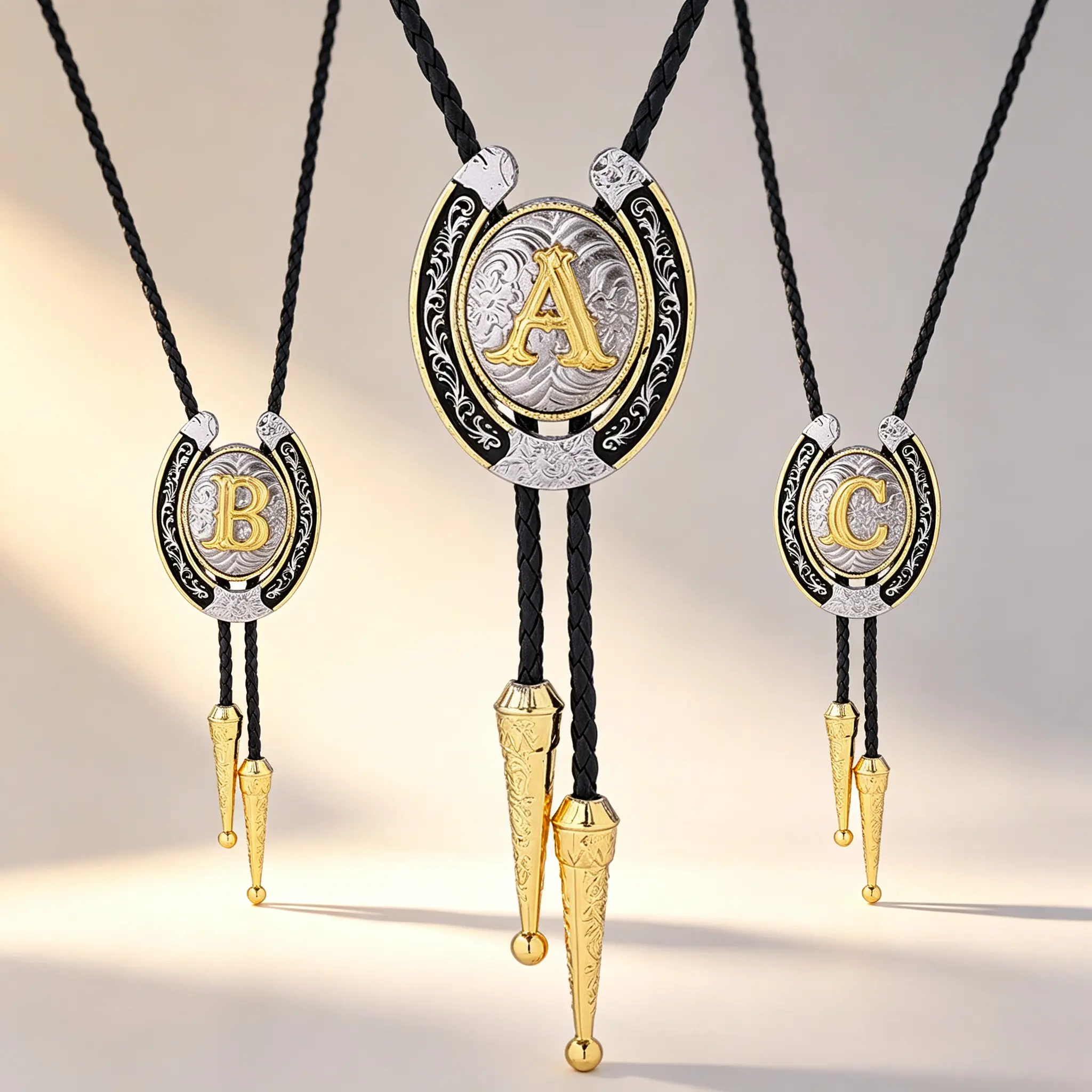 Unisex Western Cowboy Bolo Tie - Adjustable Cord, Electroplated Metal U-Shaped Pendant, Horseshoe & Grass Pattern, Non Tarnish Jewelry, Tarnish Proof Jewelry, Gold Initial (A-Z) Charm, Retro Casual Everyday Wear, Custom Fit Fashion Accessory Gift