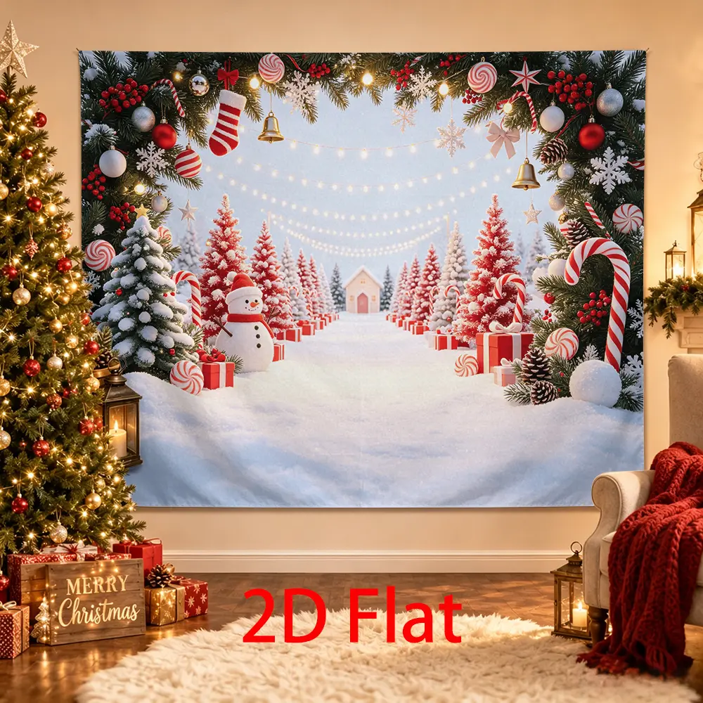 Red White Christmas Backdrop with Snowman, Candy Canes, Peppermint Decor, Gift Boxes and Snowy Trees for Holiday Photography