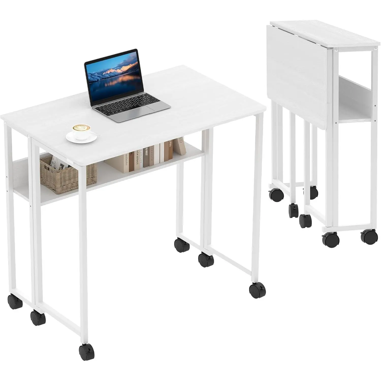 24.8-Inch Mobile Foldable Desk with Storage Shelf, Space-Saving Small Laptop Table for Home Office Study - No Assembly Required Portable Writing Desk on 360° Locking Wheels, White