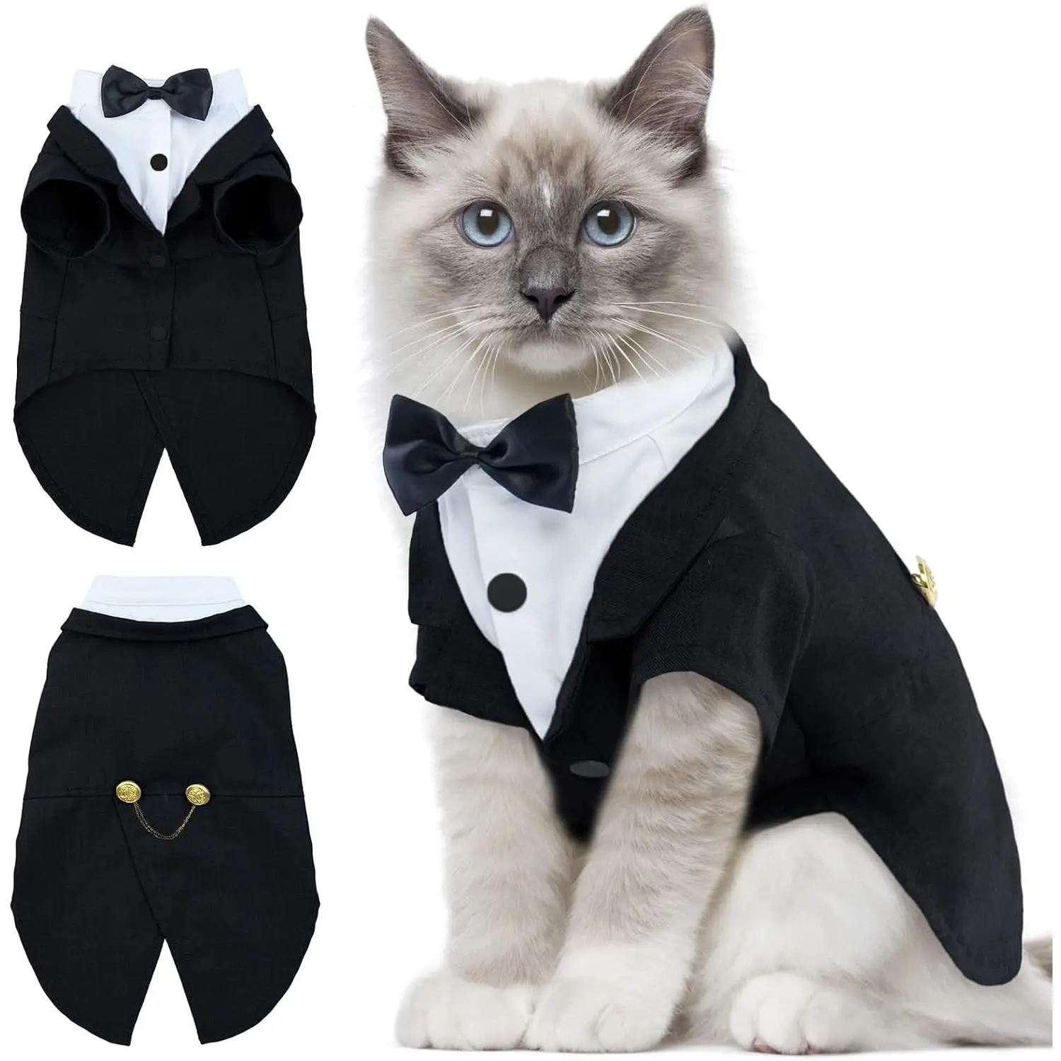 Cat Tuxedo Outfit, Sphynx Cat Costume Formal Suit with Bow Tie | Bow tie accessory, stylish tuxedo formal attire, for Sphynx & fluffy cats, wedding/party wear, XS-XXL.