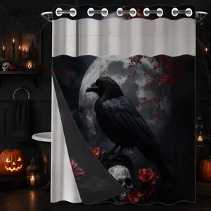 1 Pack Hookless Double Layer Shower Curtain, Halloween Spooky Raven Skull & Moon Print Bathroom Curtain, Waterproof, Mildew Resistant, Durable Fabric, Gothic Home Decor, Removable Liner, Top See-Through Window, Partition Curtain 71"×74"