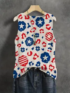 Women's Independence Day Star Flag Clover Print Round Neck Sweater Vest, Casual Sleeveless Knit Top for Spring Summer Fall, Comfortable Breathable Clothing