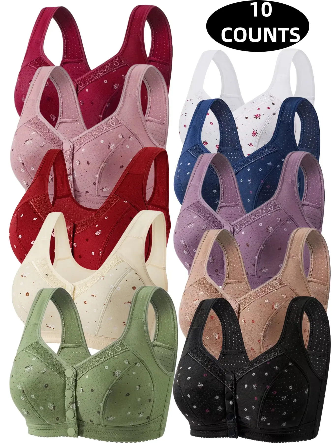 10-Pack Thin Lace Floral Elegant Wireless Bras, Comfortable Breathable Push-Up Underwire-Free, Elderly-Friendly Front Buckle Design, All-Season Medium Support
