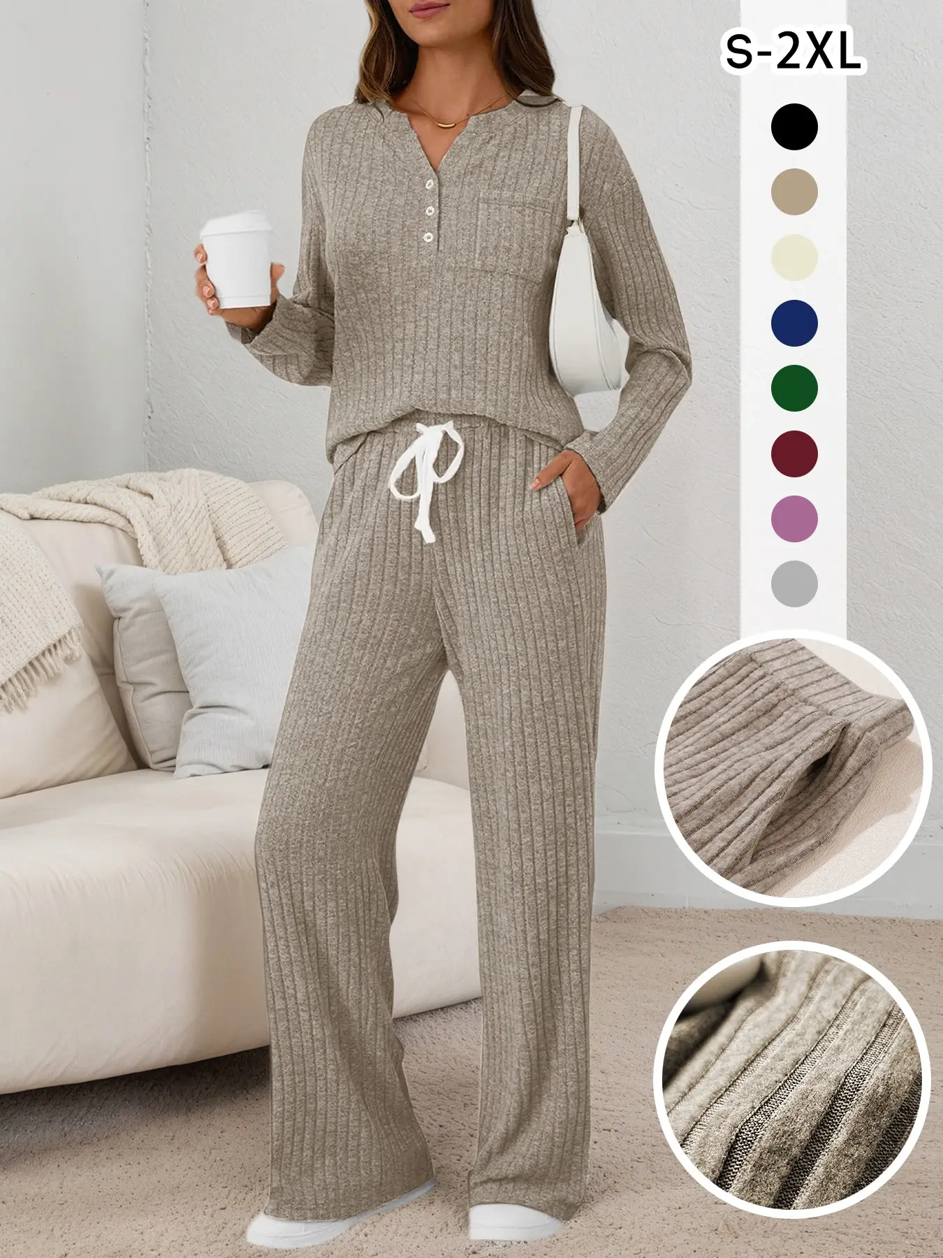 Women's Two-Piece Casual Set, Fall Winter, Henley Neck Knit Top, Matching Sports Set, Comfortable Pajamas with Pocket Design, Loungewear