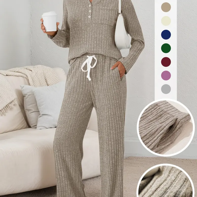 Women's Two-Piece Casual Set, Fall/Winter, Henley Neck Knit Top, Comfortable Loungewear with Pocket Design, Nightwear