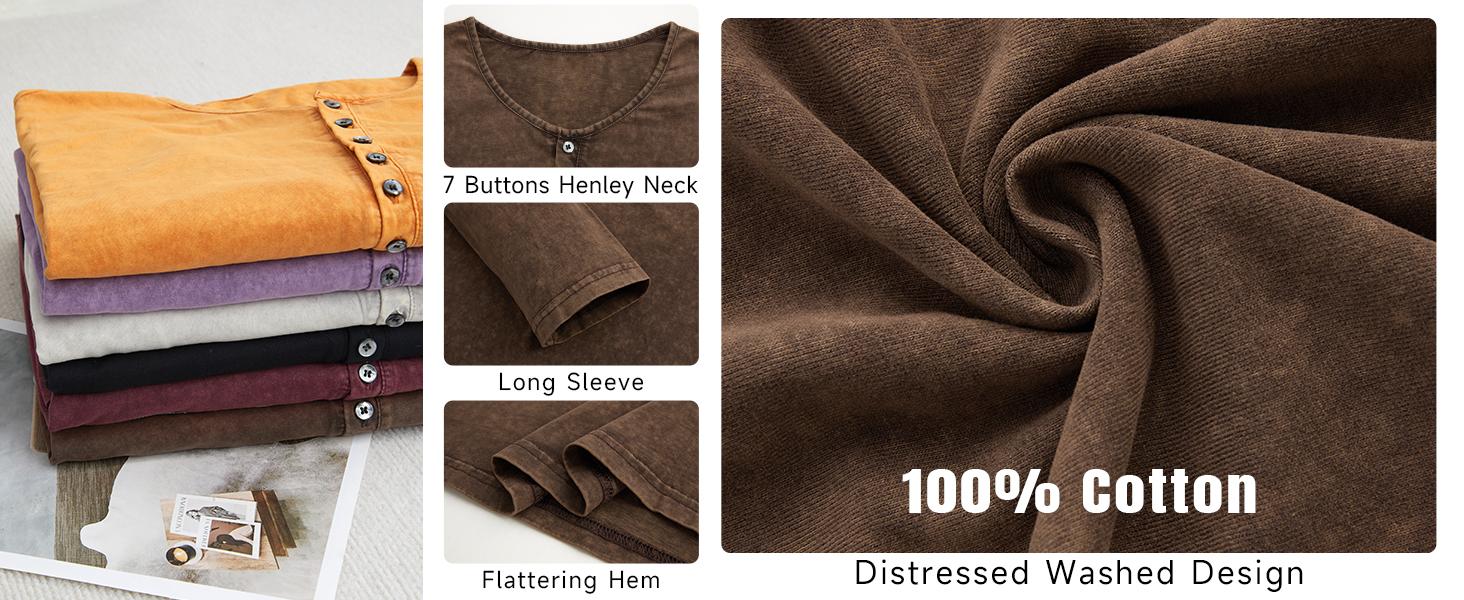 Beotyshow Mens Distressed Henley Shirts Retro Long Sleeve Tee Shirts Casual Button Down Washed T-Shirts for Men Cotton Menswear Father's Day Gift Shirt