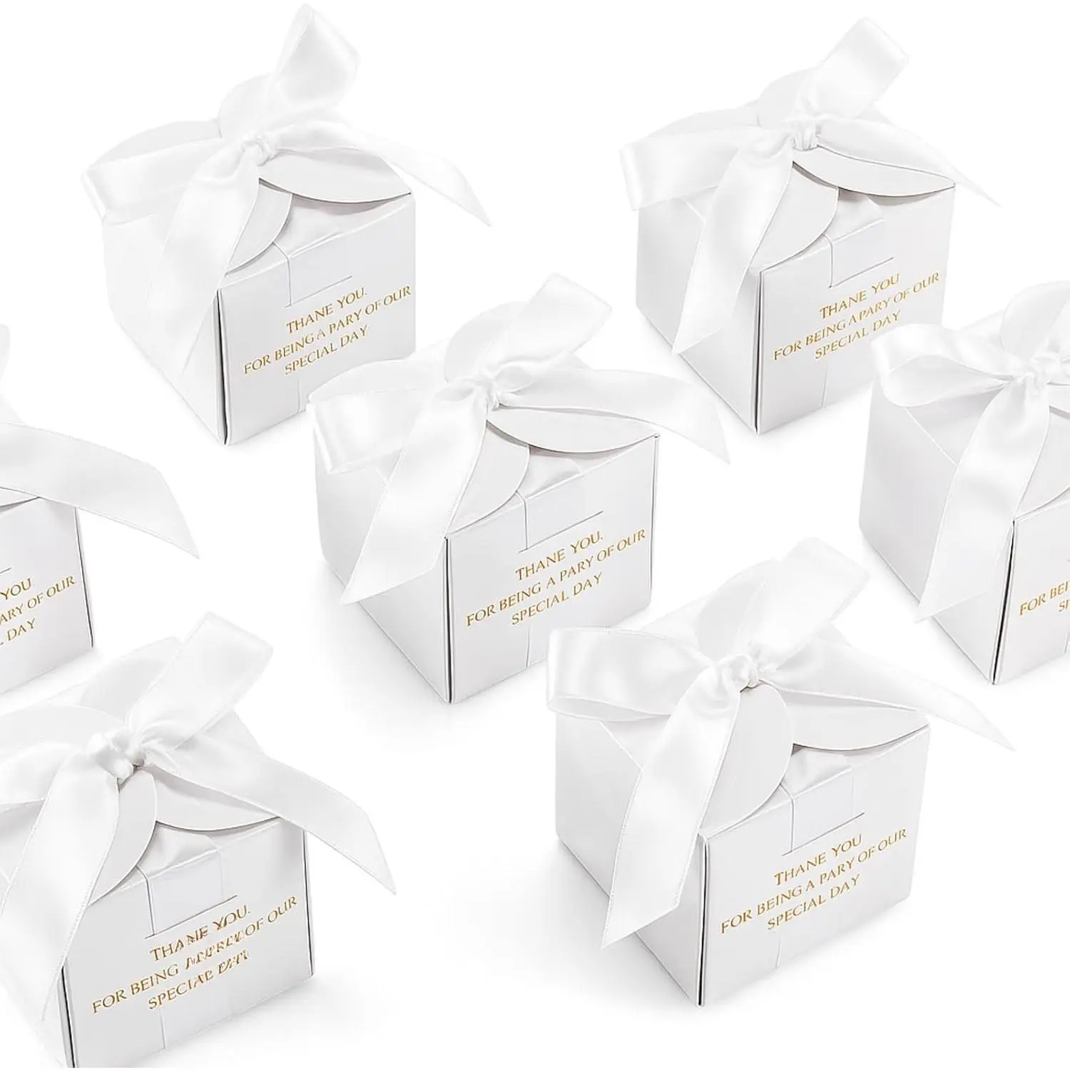 50 count Wedding Favor Boxes, 2.5 x 2.5 x 2.5 Inch Wedding Party Candy Boxes with Ribbons Bridal  for Guests Bridal Shower Birthday Party Anniversary Supplies(White)