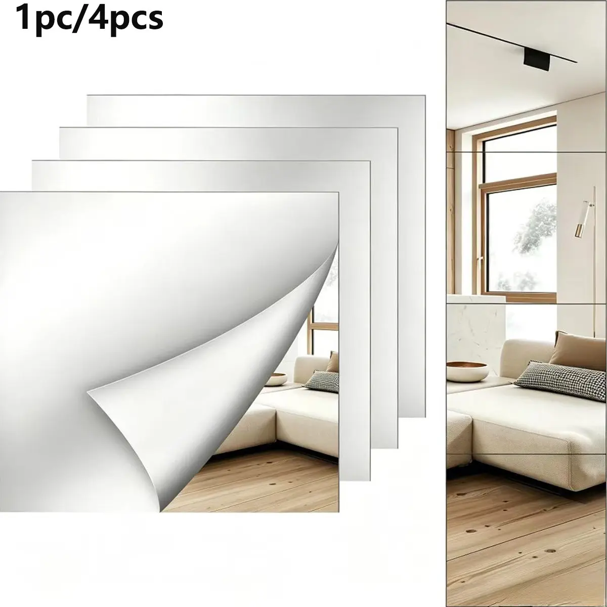 1pc/4pcs Square Mirror Wall Sticker, Luxury Style, Self-Adhesive Acrylic Decorative Mirror Decal, Suitable for Bedroom, Living Room, Study, DIY Mirror Wall Stickers