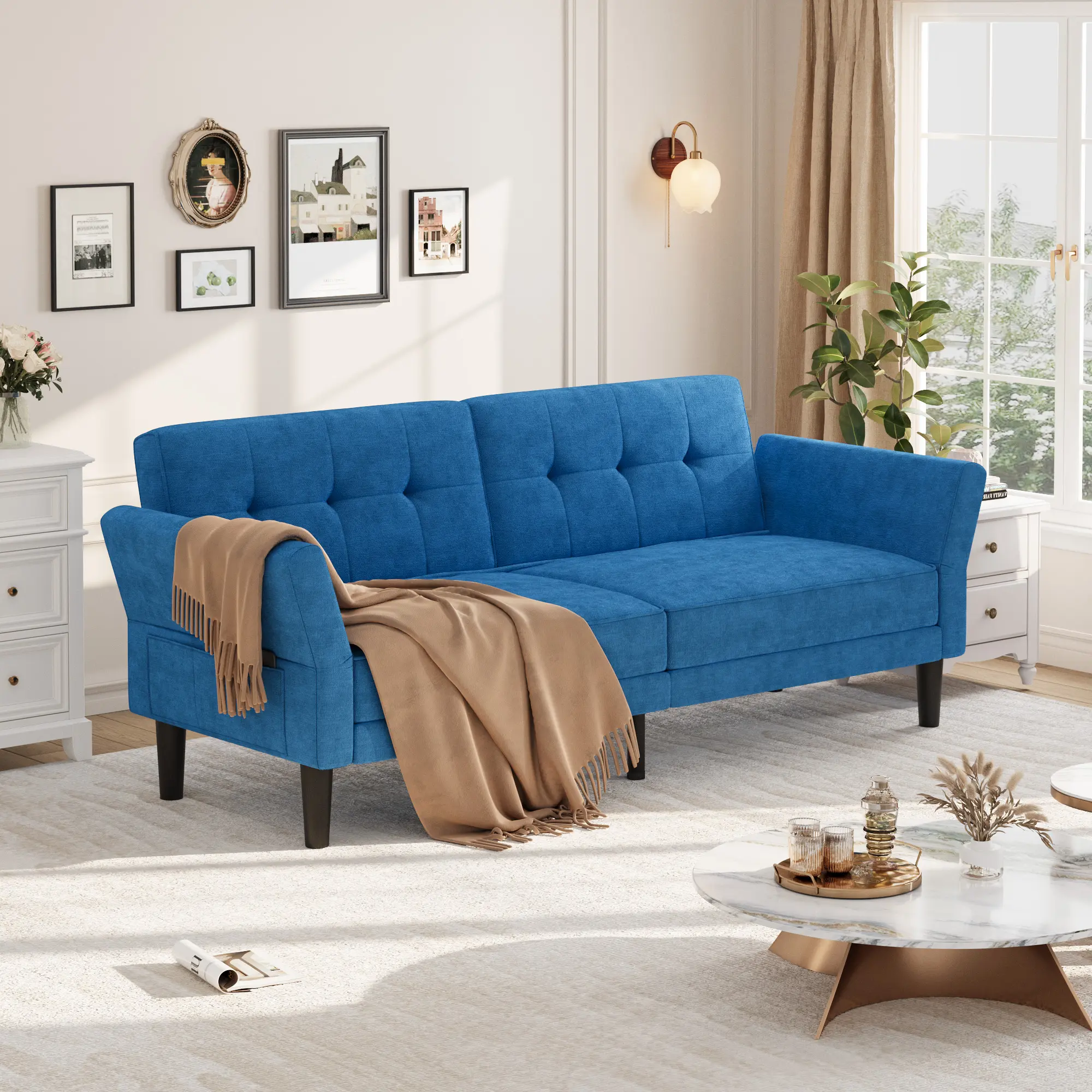 Convertible Futon Sofa Bed, 3-Seater Sleeper Couch - Adjustable Backrest & Armrests - Modern Chenille Deep-Seat Sofa
