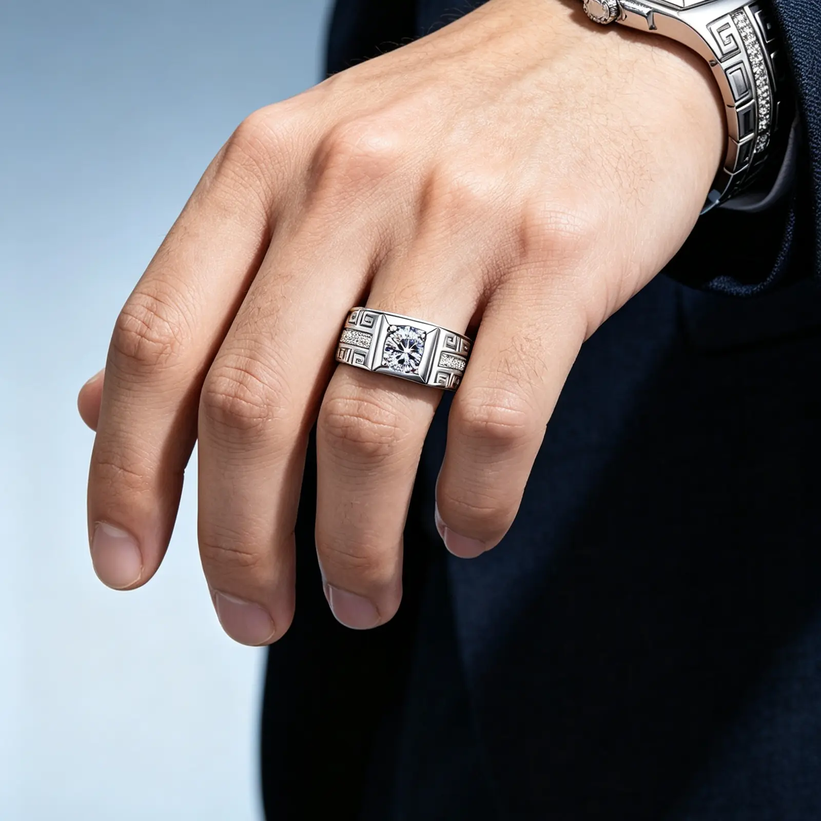 Men’s Platinum-Plated Cubic Zirconia Ring - Traditional Chinese Hui-Gu Pattern Band, 4-Prong Round Cut CZ Wedding Engagement Ring