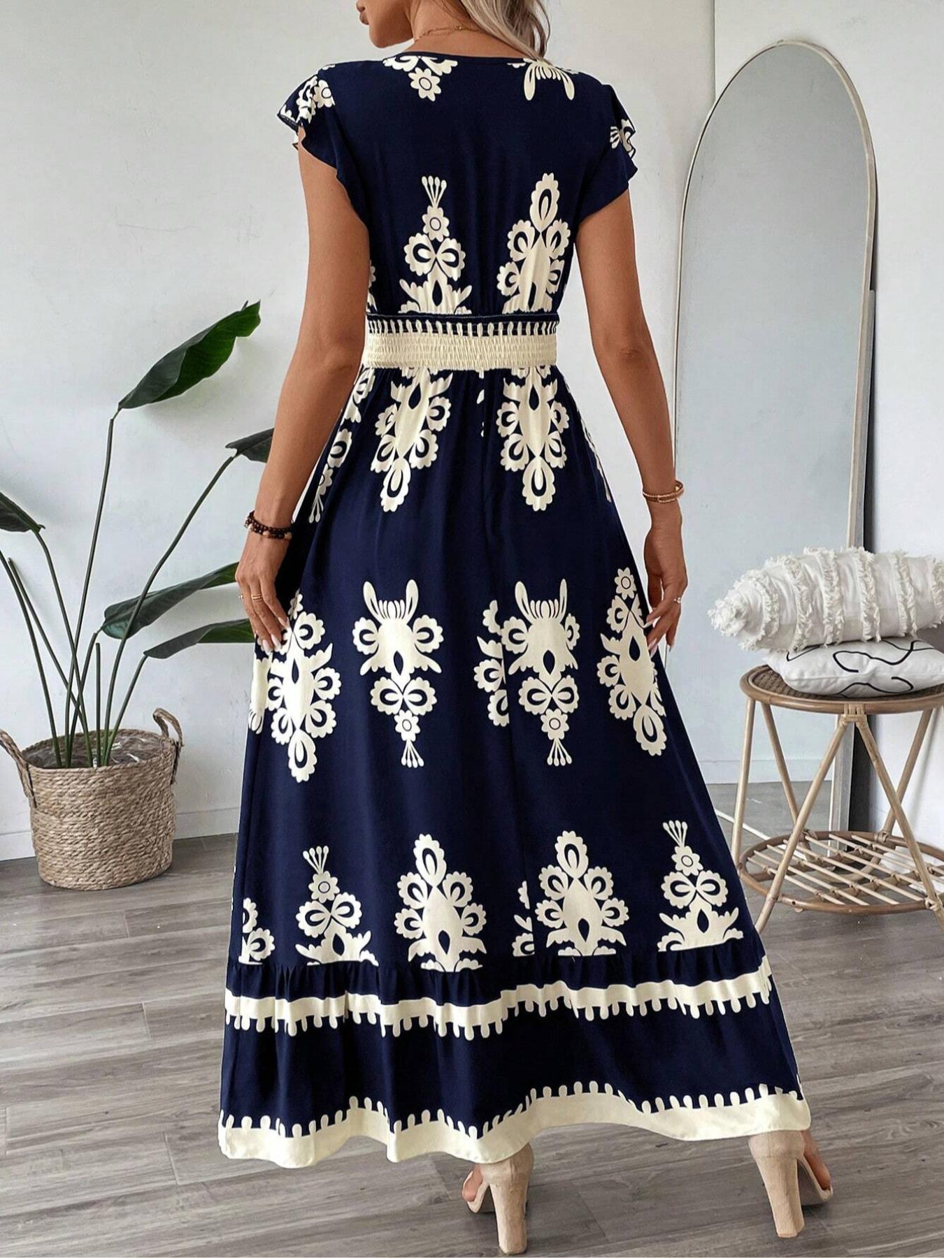 【Plus Size】 Ethnic Pattern V Neck Dress, Boho Cap Sleeve Long Dress for Beach Holiday Vacation, Women's Clothes for Summer, Bohemian Boho Fashion