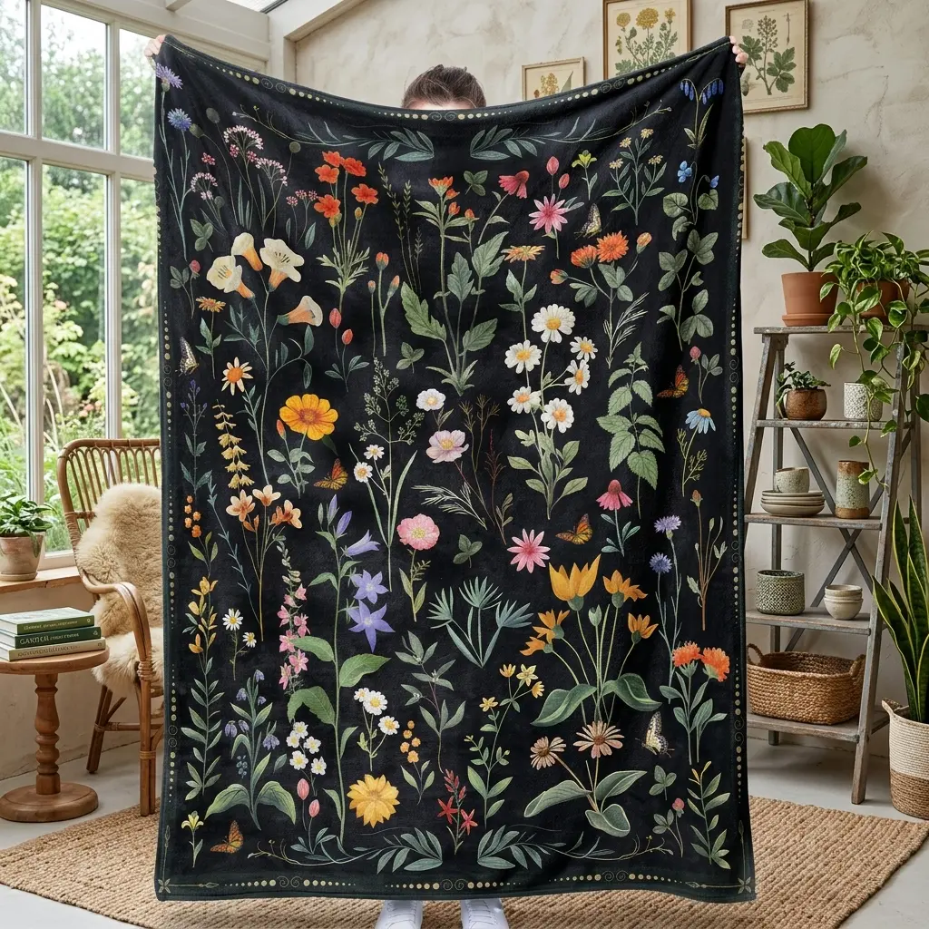 Single-Sided Flannel Wildflower Blanket, Black Botanical Floral & Butterfly Print Soft Lightweight Throw for Sofa Bed, Cottagecore Garden Nature Lover Gift