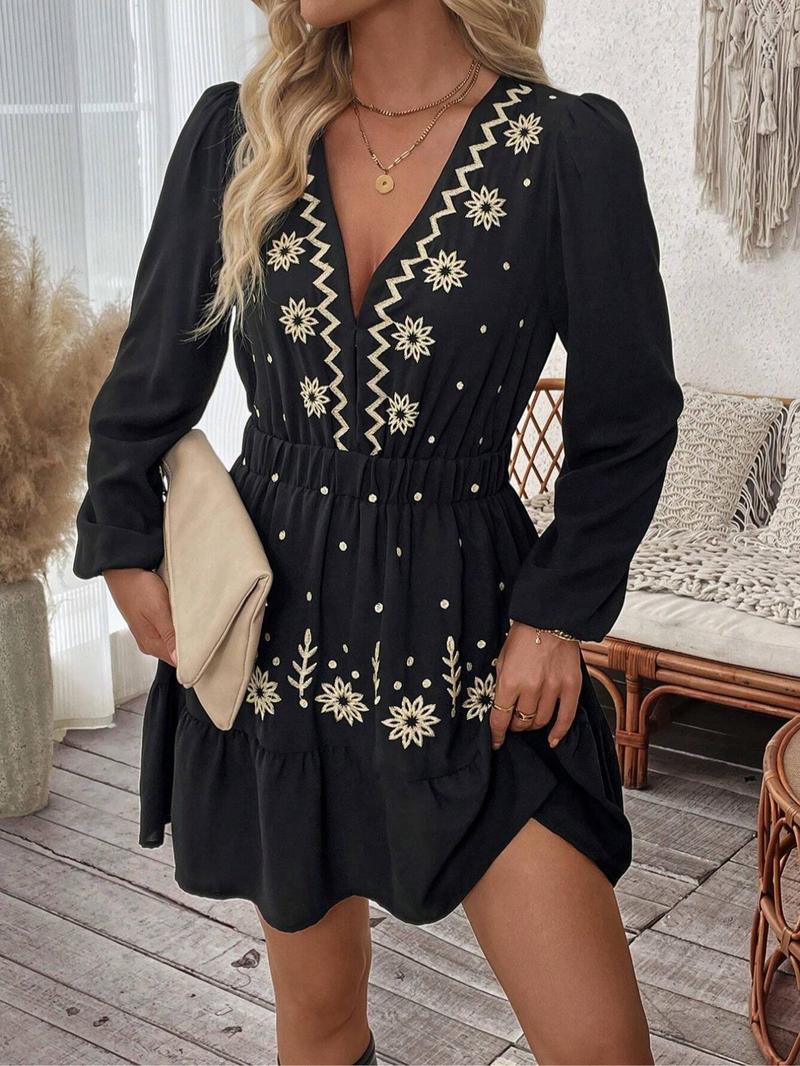 Women's Embroidered Deep V Neck Long Sleeve Dress, Full Floral Craftsmanship, Perfect Choice for Spring Summer Fall