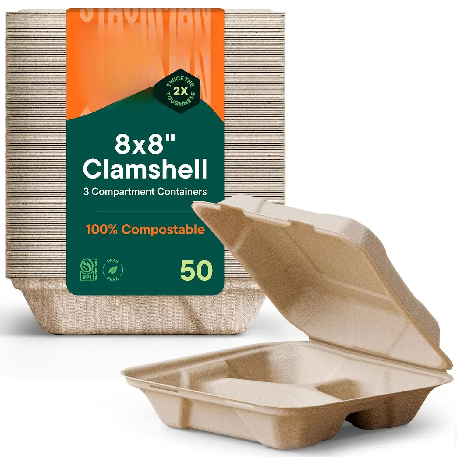 Compostable Clamshell Take Out  Containers [8X8" 3-Compartment 50-Pack] Heavy-Duty Quality to go Containers,  Disposable Bagasse,   Made of Sugar Cane Fibers