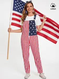 Unisex Flag Print Denim Bib Pants, Star Stripe Patchwork Loose Fit, Adjustable Straps with Buttons, Large Pockets, Casual Summer