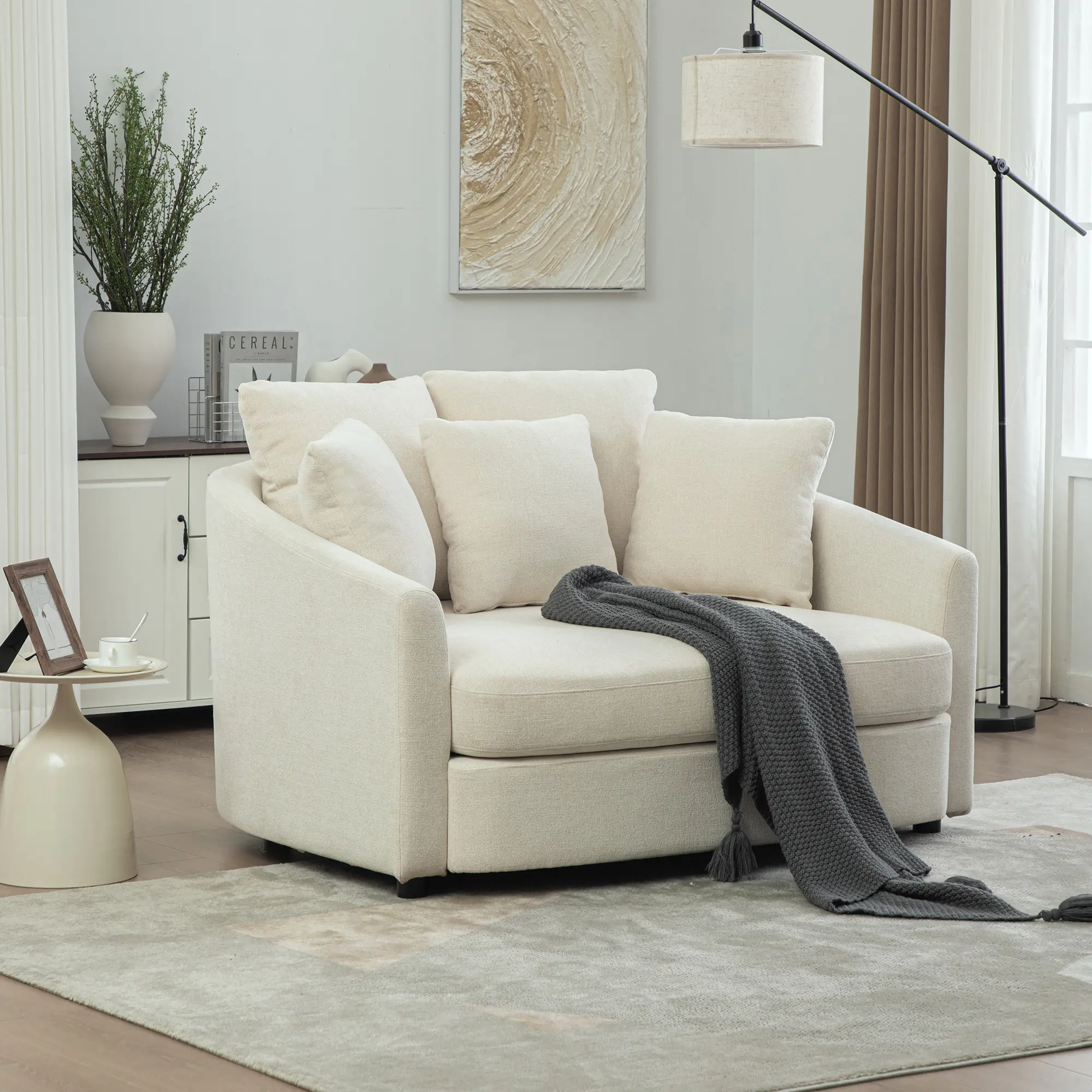 ARCH Oversized Round Accent Cuddle Chaise Lounge Chair with Pillows, Cozy Deep Seat Upholstered Barrel Lounger, Chenille Fabric Reading Armchair for Living Room Bedroom Office, Beige, Beige Color Options, Chenille Material, Product Dimensions: Not
