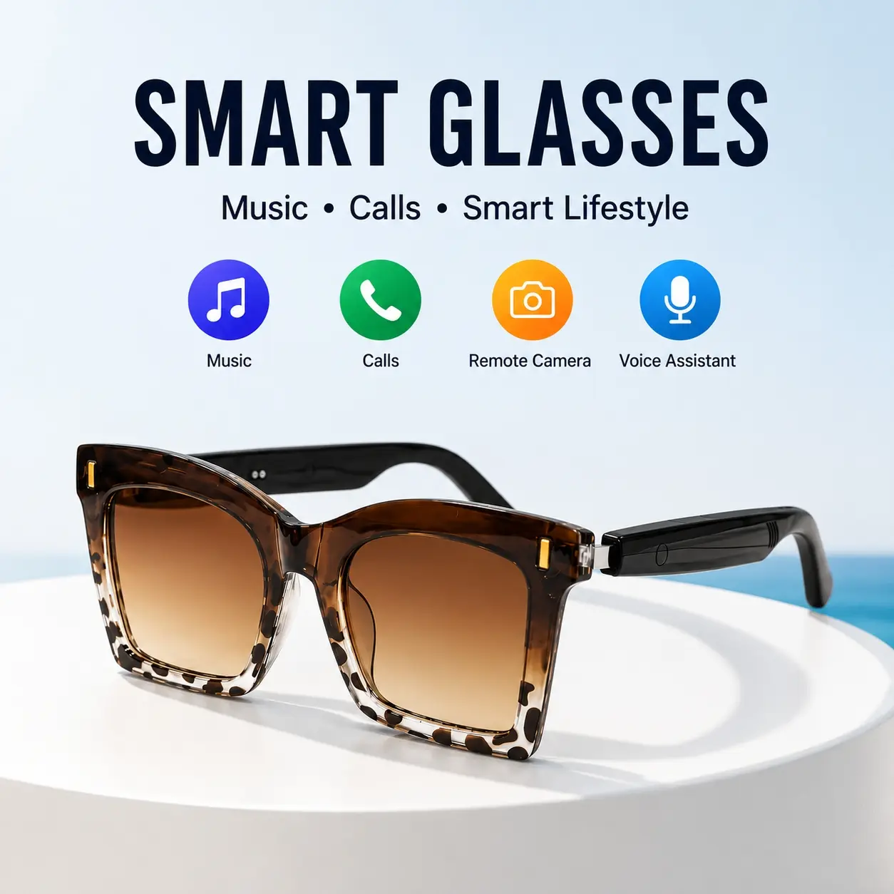 Smart Glasses, Open-Ear Bluetooth Sunglasses with Music, Clear Hands-Free Calls, Remote Phone Camera Control, Voice Assistant and UV Protection