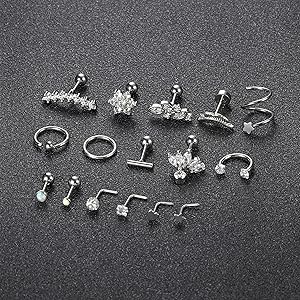 16Pcs Mixed 16G-20G Stainless Steel Cartilage Earring Set | Silver | Gold & Rose Gold Piercing Kit | Helix, Rook, Conch, Tragus & L-Shaped Nose Rings | Hypoallergenic Body Jewelry for Women