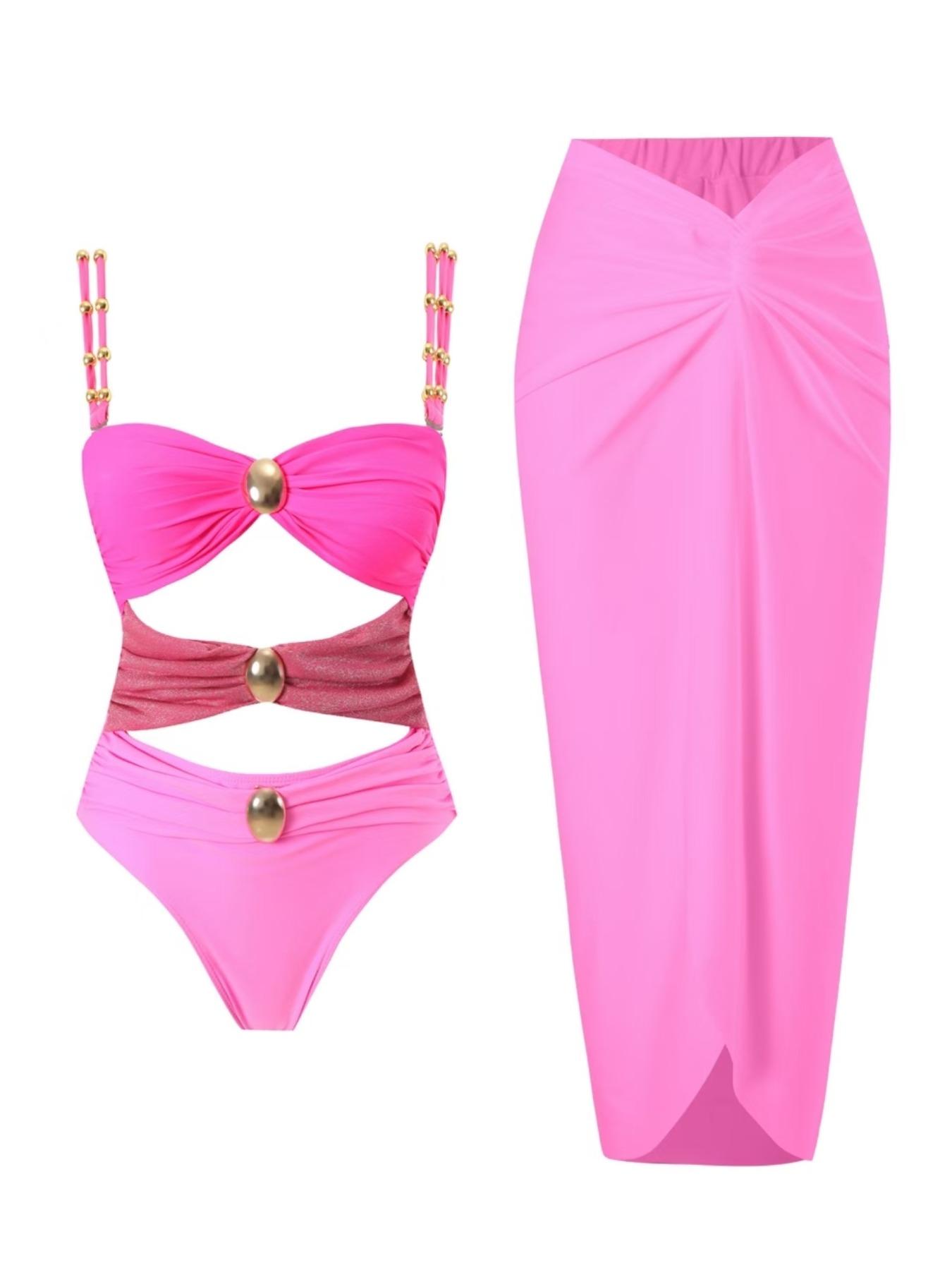 Women's Cut Out Ruched One-piece Swimsuit & Knot Side Cover Up Skirt Set, Solid Sleeveless Swim Top & Cover Up Skirt, Ladies Swimsuit for Beach Holiday Vacation, Swimsuit Cover Ups