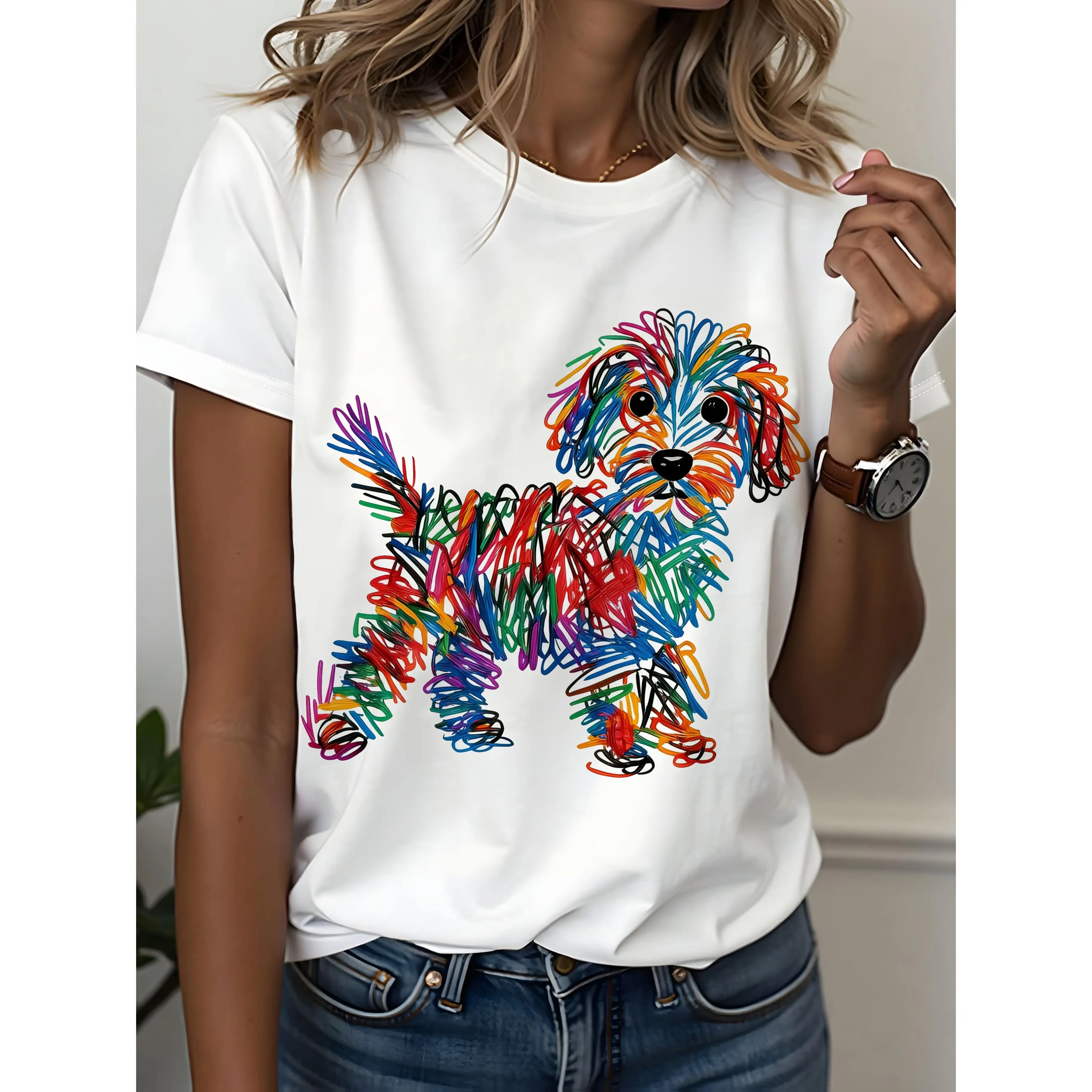 Rainbow Puppy Print T-Shirt for Women Creative Graffiti Pet Lover Tee Casual Breathable Summer Top Playful Style Daily Wear Great Gift Idea,Striped,Cap,Sleeve,Elegant,Eyelet,Commuter,snoopy,fall,,Custom,Enchanted,Clothing