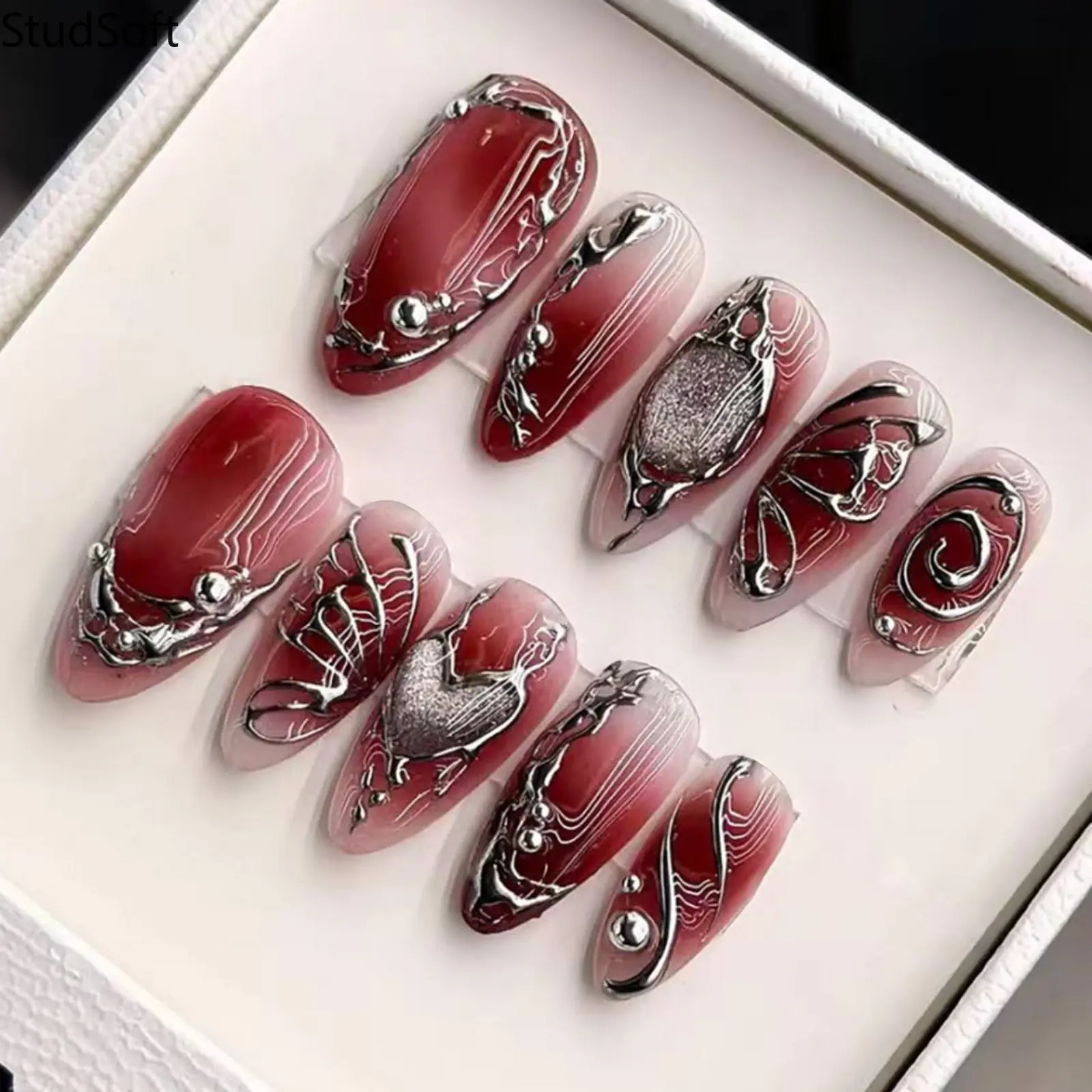 24PCS 3D Silver Liquid Metal Press on Nails Burgundy Fake Nails Full Cover Medium Almond Molten Chrome Artificial False Fingernails Y2K Gothic Party
