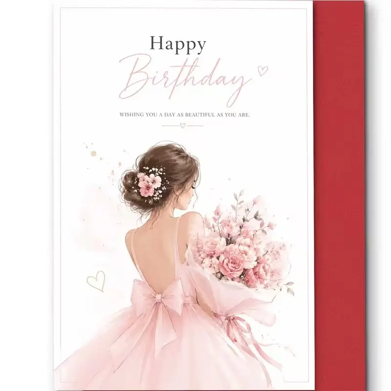 Aesthetic Girl Bouquet Birthday Card, Backless Dress, Happy Birthday Print, Suitable for Female Friends, with Envelope