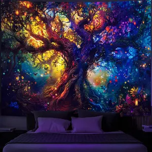 Tapestry Blacklight Tree of Life Tapestry, Fantasy Forest Fairy Tapestry Nature UV Reactive Colorful Tree Magical Elves Wall Hanging Tapestries for Bedroom